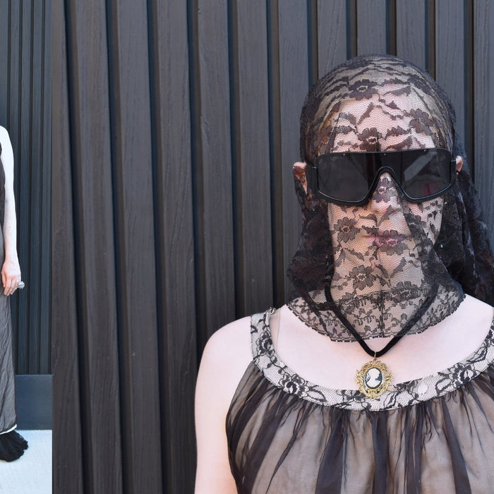 editorial collage image of model standing infront of wall with sunglasses and viel