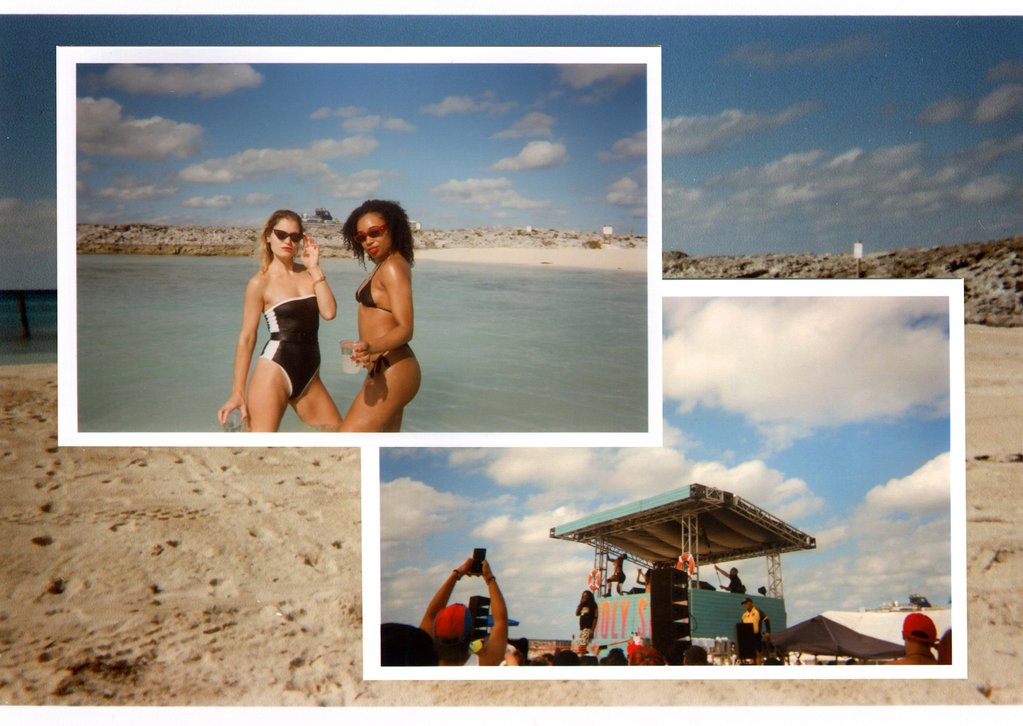duo posing in the water at the beach and big freedia performance.