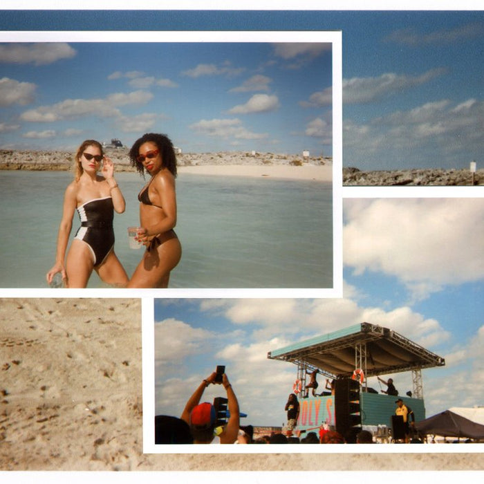 duo posing in the water at the beach and big freedia performance.