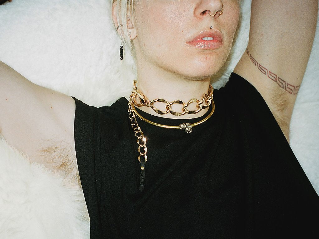 close up portrait of necklaces.