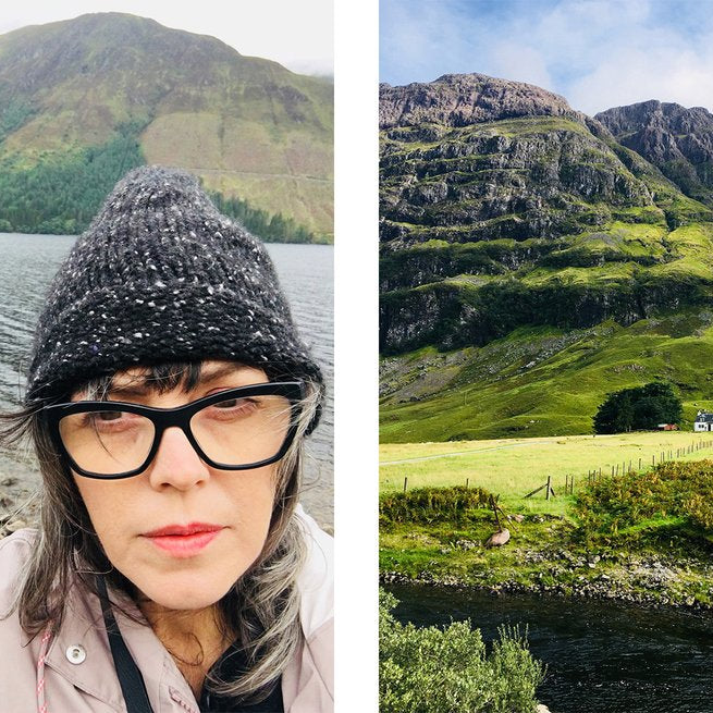 left to right: a person with beanie and mountain in the background, and little house on the peat bog.