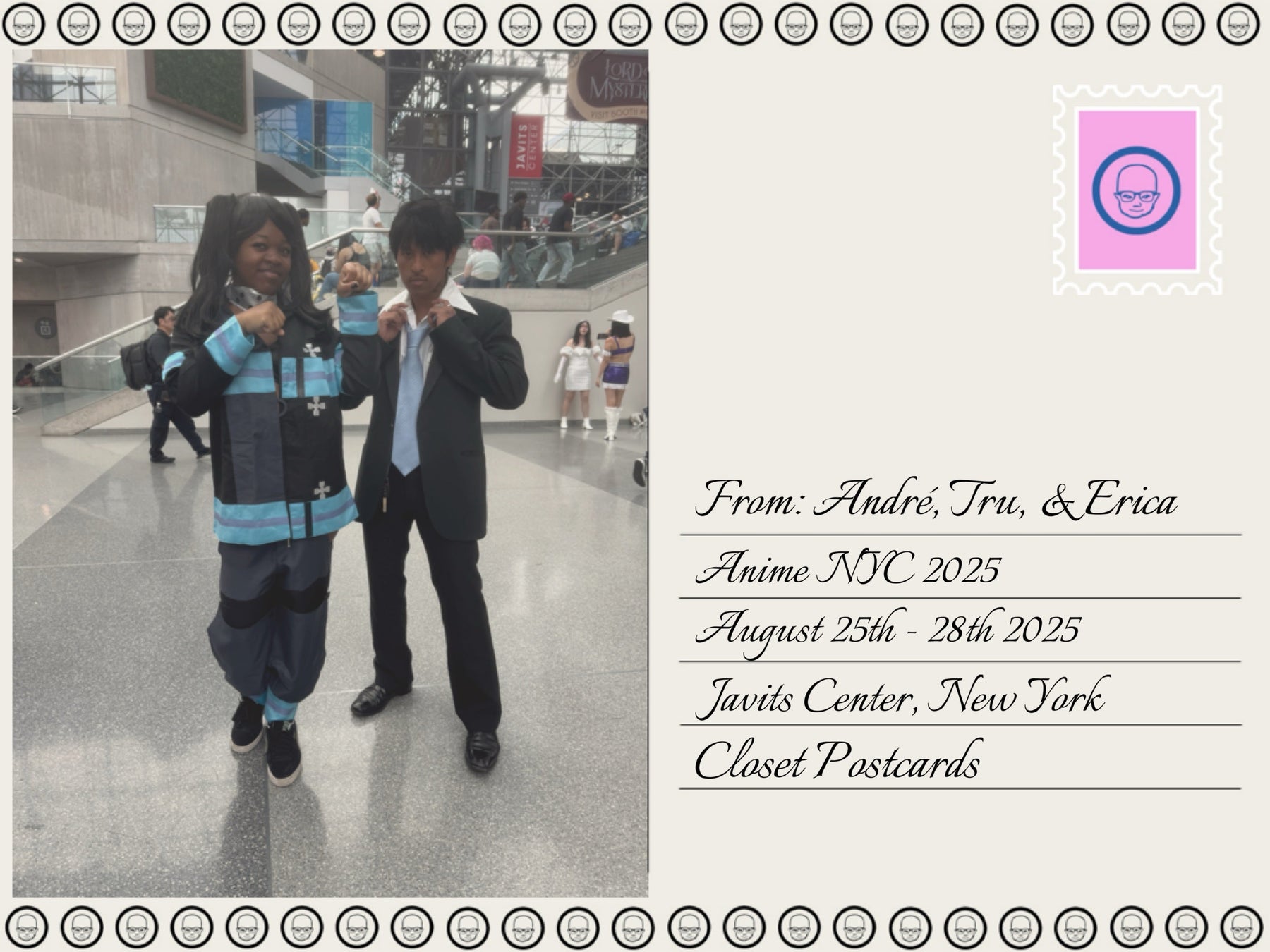 a post card with an image of tru and andre dressed in black and text that says details about their travels