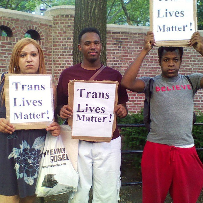 three protesters with signs that read 'trans lives matter!'