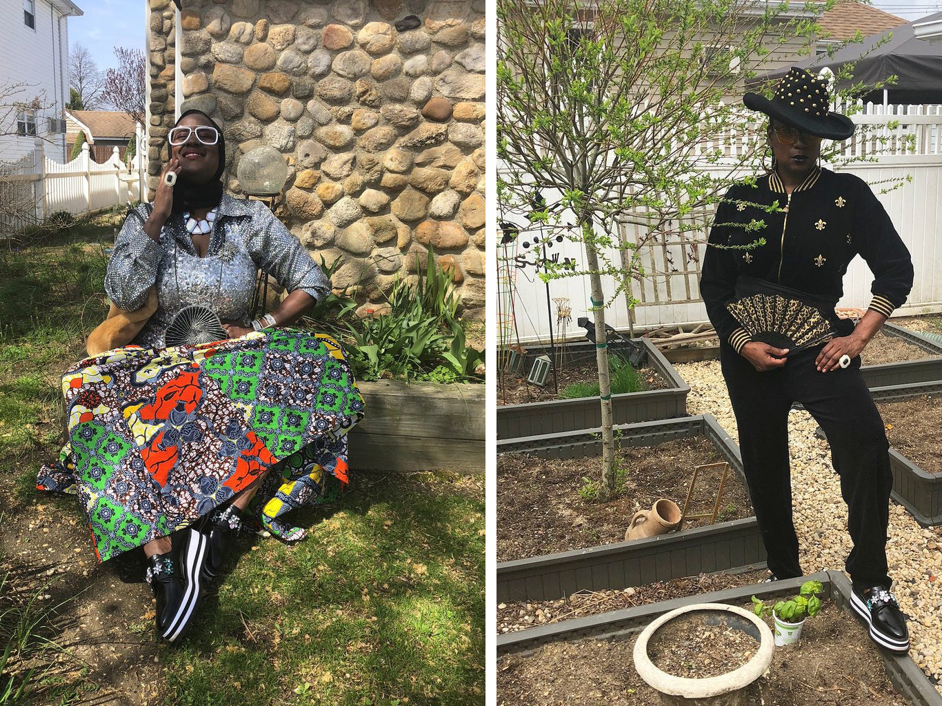 diptych of la veda davis in printed skirt and sequin top sitting against stone building and la veda davis holding fan in garden.
