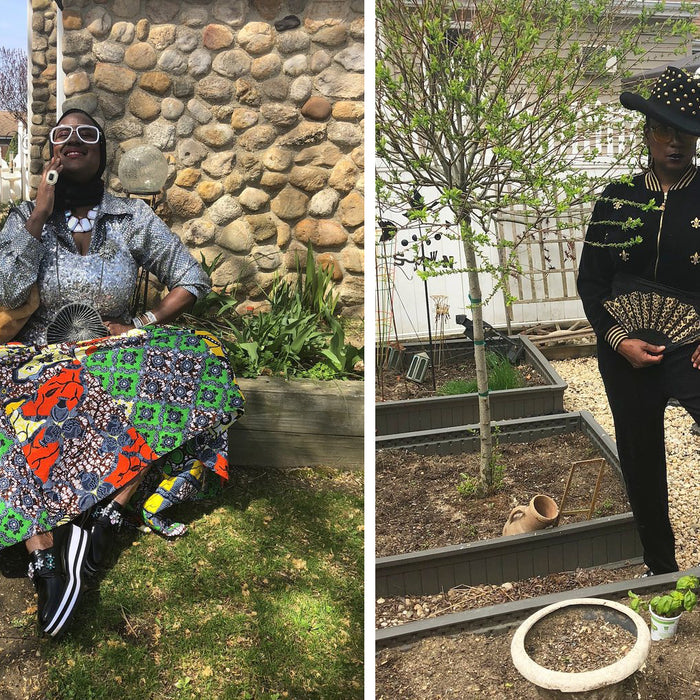 diptych of la veda davis in printed skirt and sequin top sitting against stone building and la veda davis holding fan in garden.