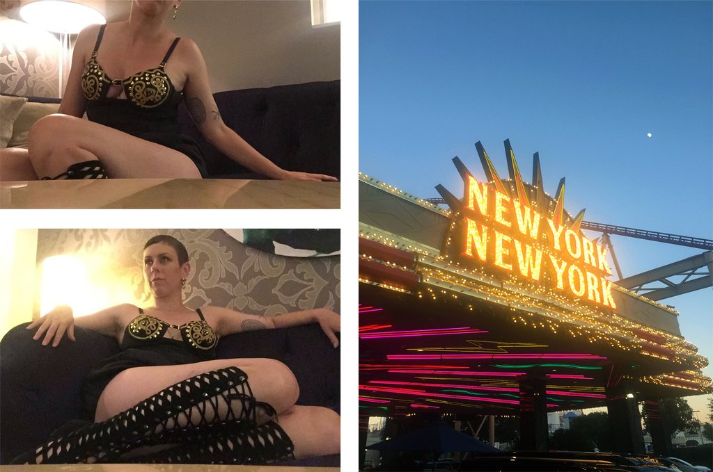 combination of images of a person sitting on a couch, and a 'new york new york' neon sign .