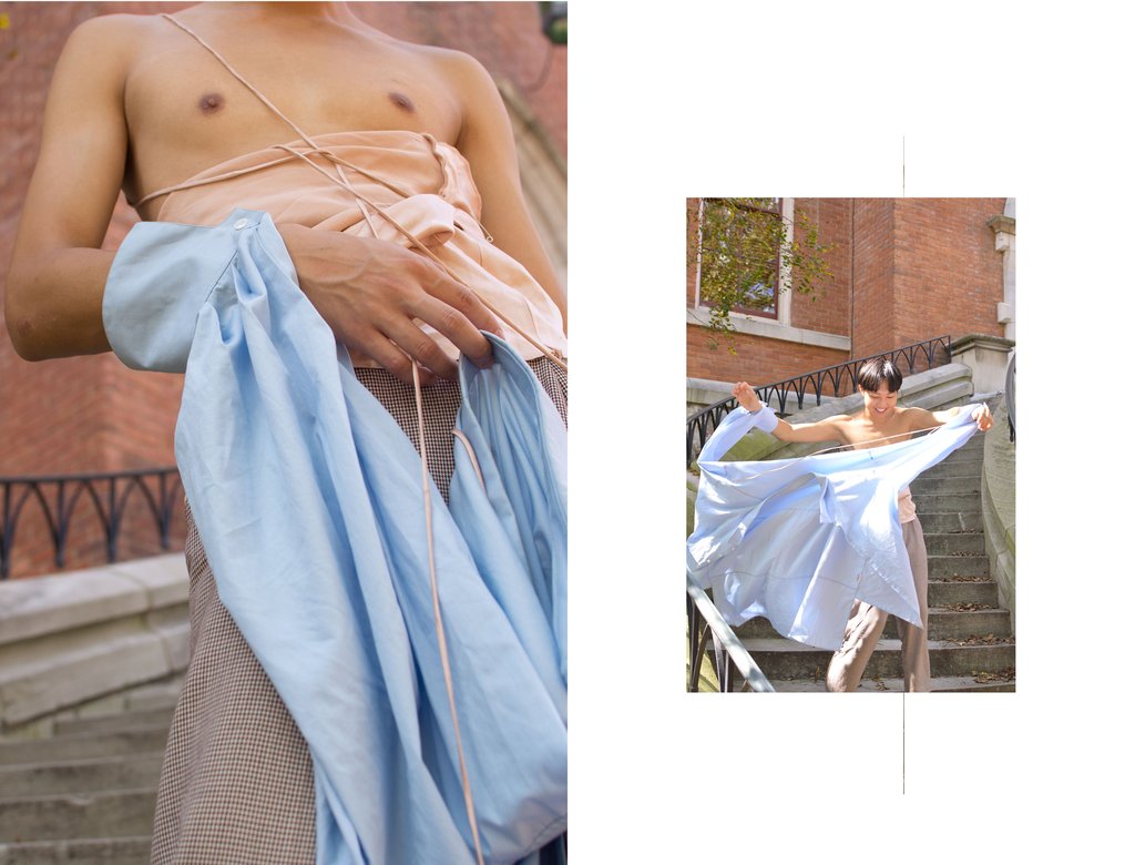 two pictures of a person holding a blue shirt, posing.