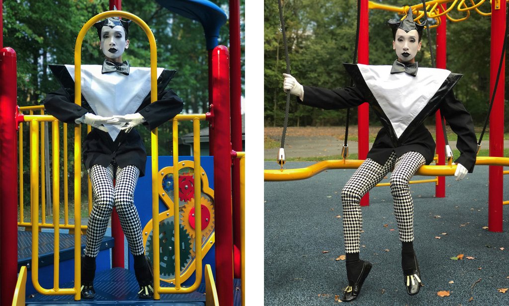 diptych of alex in costume at playground and alex in costume sitting on playground railing.
