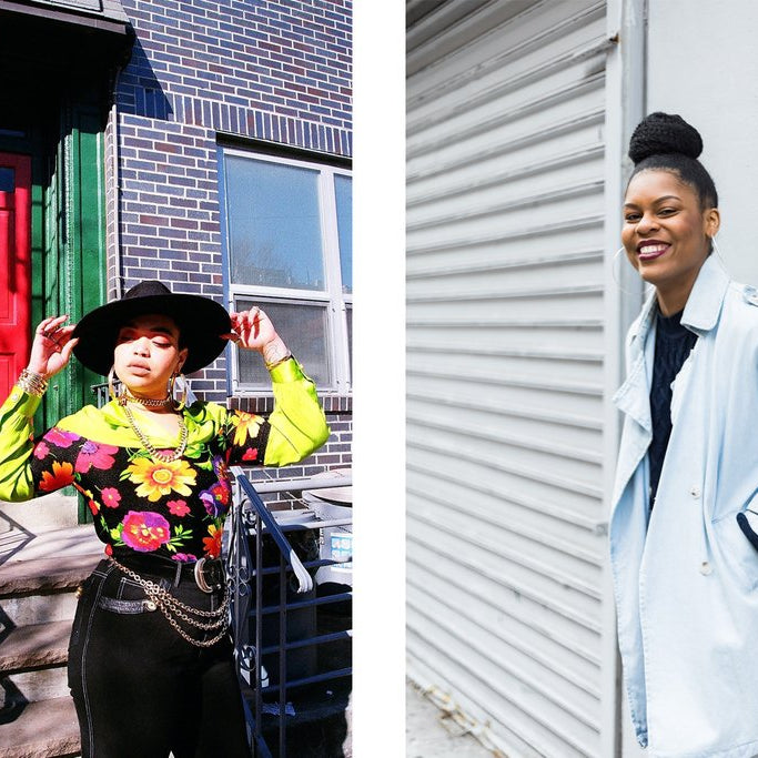 diptych of jarae in floral top and jeans in front of brick building and nailah leaning against wall in denim coat.