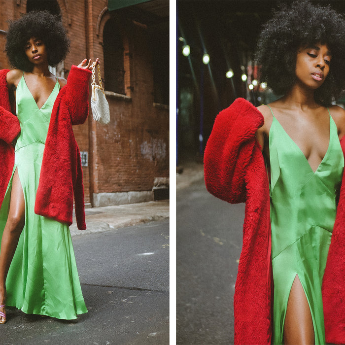 diptych of ziarra holding up handbag in front of brick building and upper angle ziarra with street background.