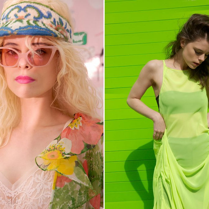 diptych of model in two featured looks. 