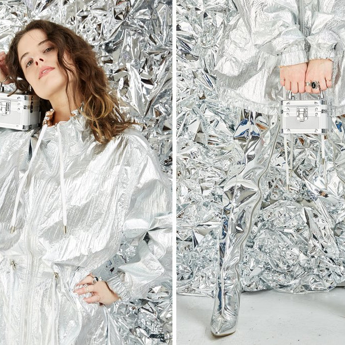 diptych of model featuring portrait detail and boots hands and bag detail.