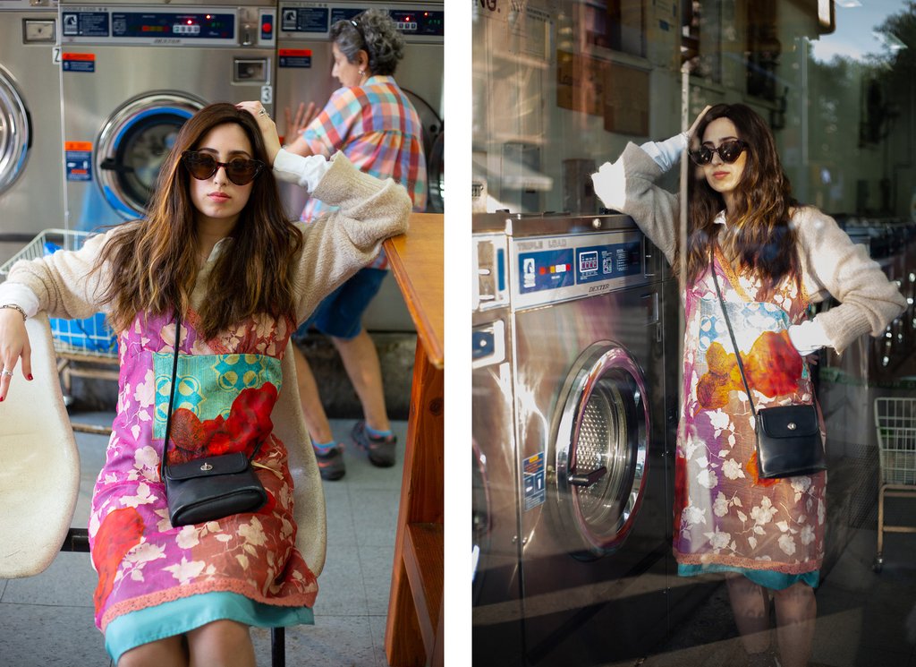 diptych of toiby in graphic dress and sunglasses sitting inside laundromat and toiby leaning against washing machine.