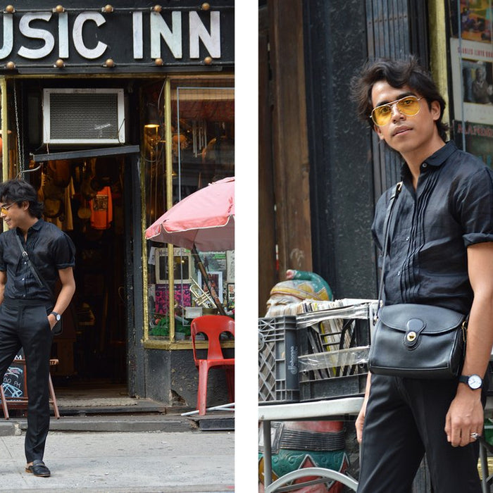 diptych of pedro standing in front of 'music inn' shop partially blocking promotional chalkboard and pedro near table of used records with $3-$5.50 pricing.