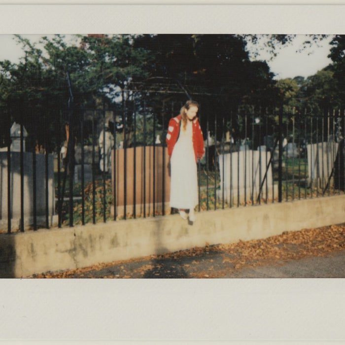 polaroid in front of cemetery.