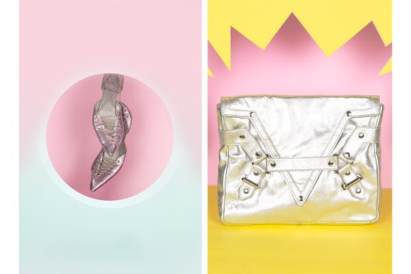 shoe and metallic purse diptych.