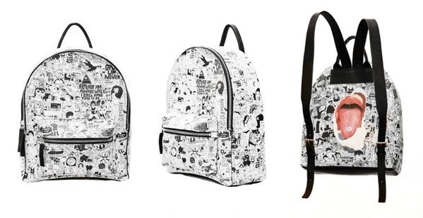 triptych of different angles of amit's drawings on a backpack.