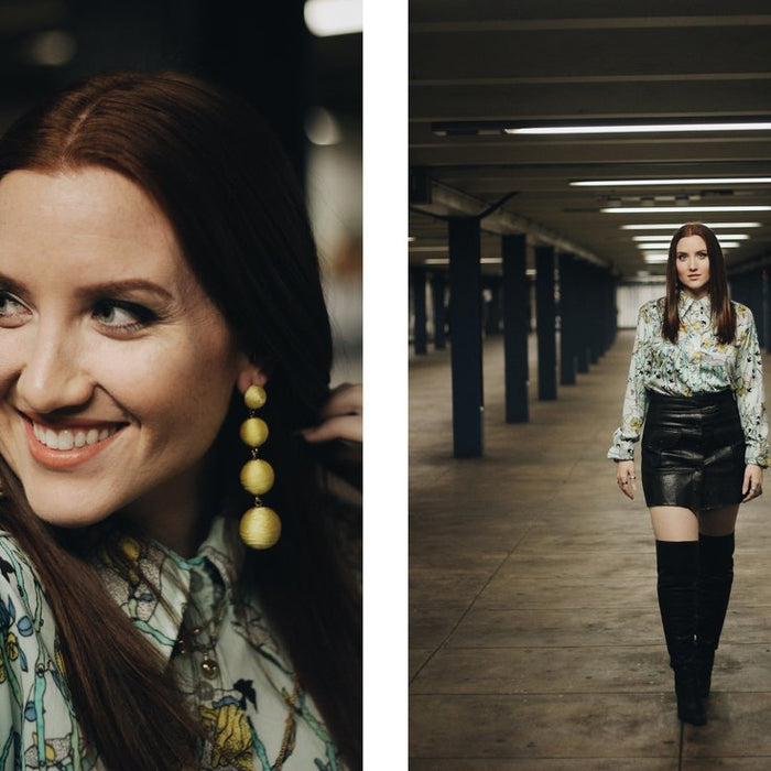 diptych of dj whitney portrait wearing vintage top and drop earrings and dj whitney standing in nyc subway.