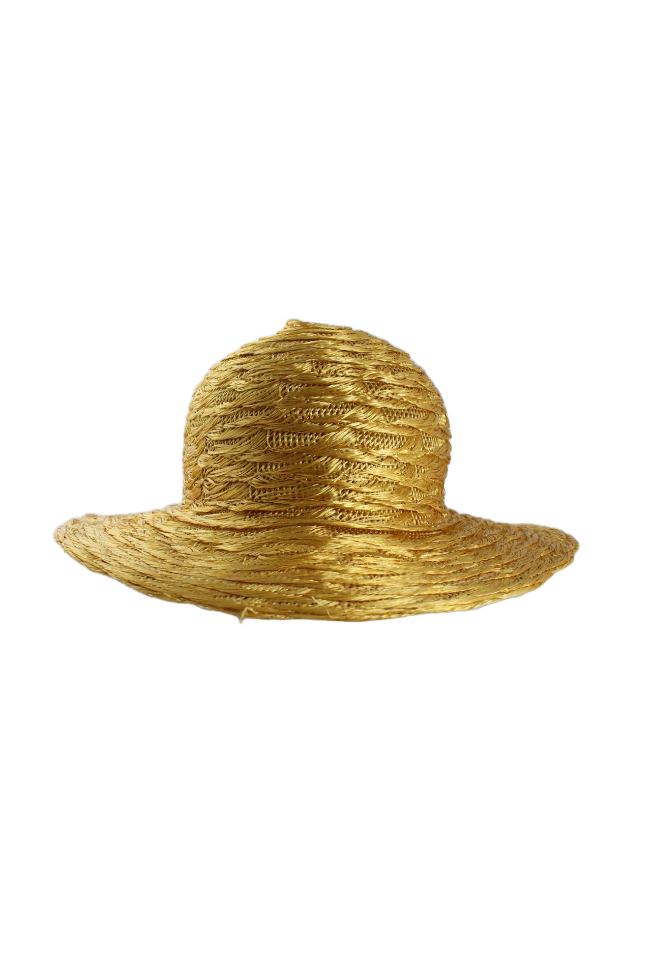 front of unlabeled gold woven hat. features braided construction, wide brim measuring ~3".