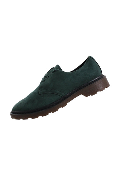 side angle of i.n.c. international concepts green faux suede shoes. features lace up closure, rubber lug sole, and rounded toe.