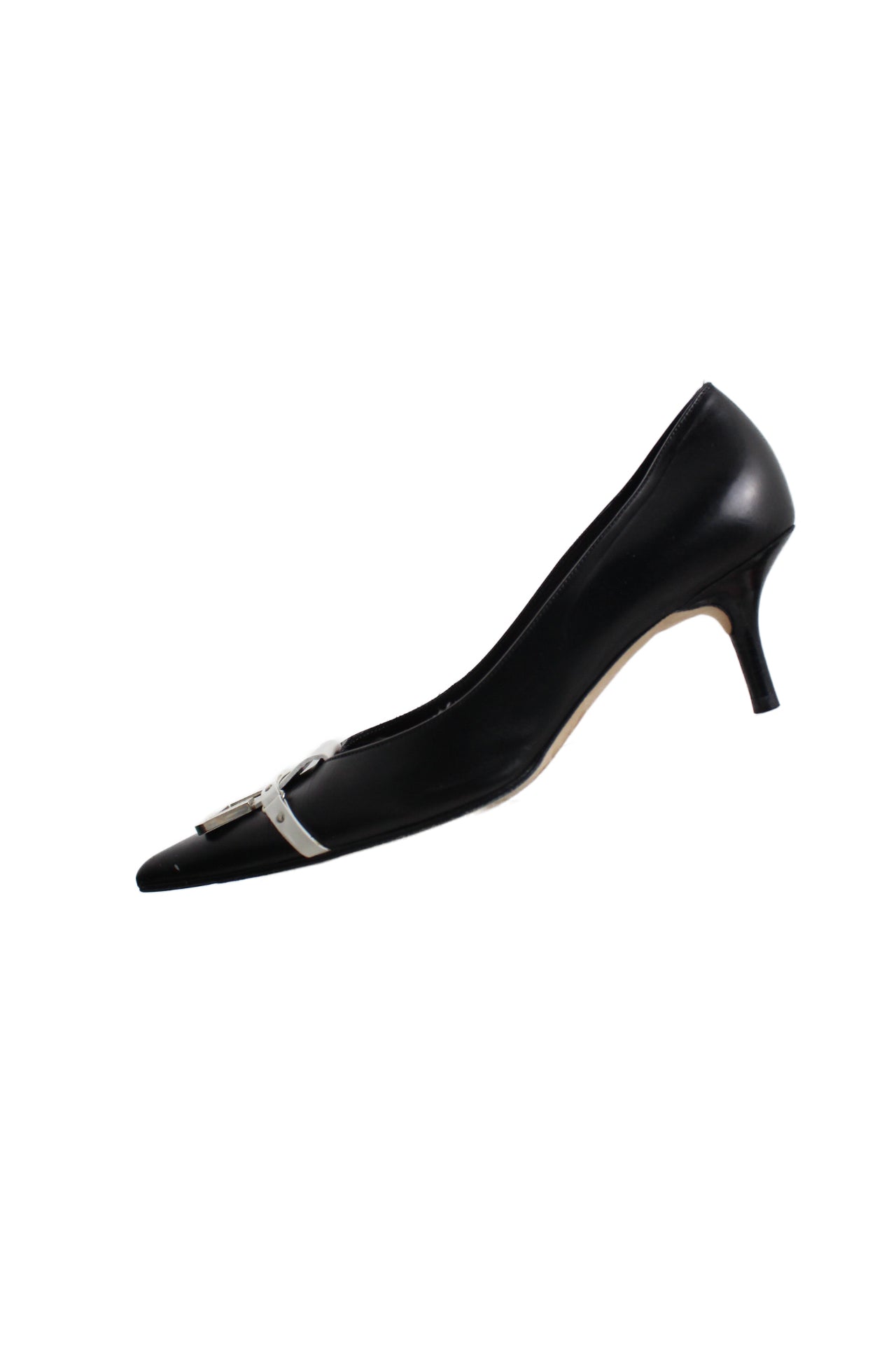 side angle of christian lacroix black kitten heels. features pointed toe with white strap across front, silver grommets, and slip on fit.