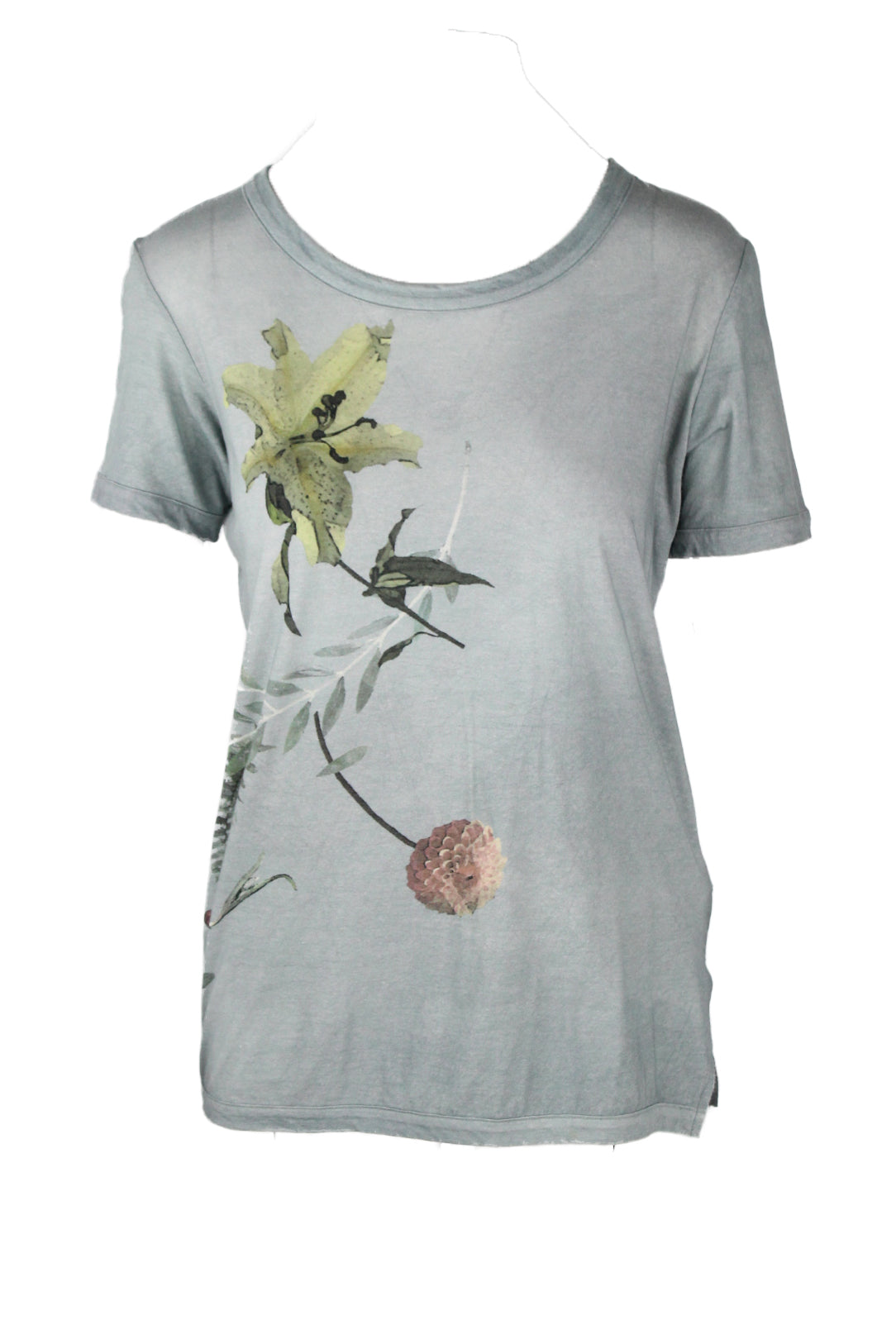front angle of yohji yamamoto noir light teal graphic t-shirt. features short sleeves, rounded collar, and abstract floral print on right side.