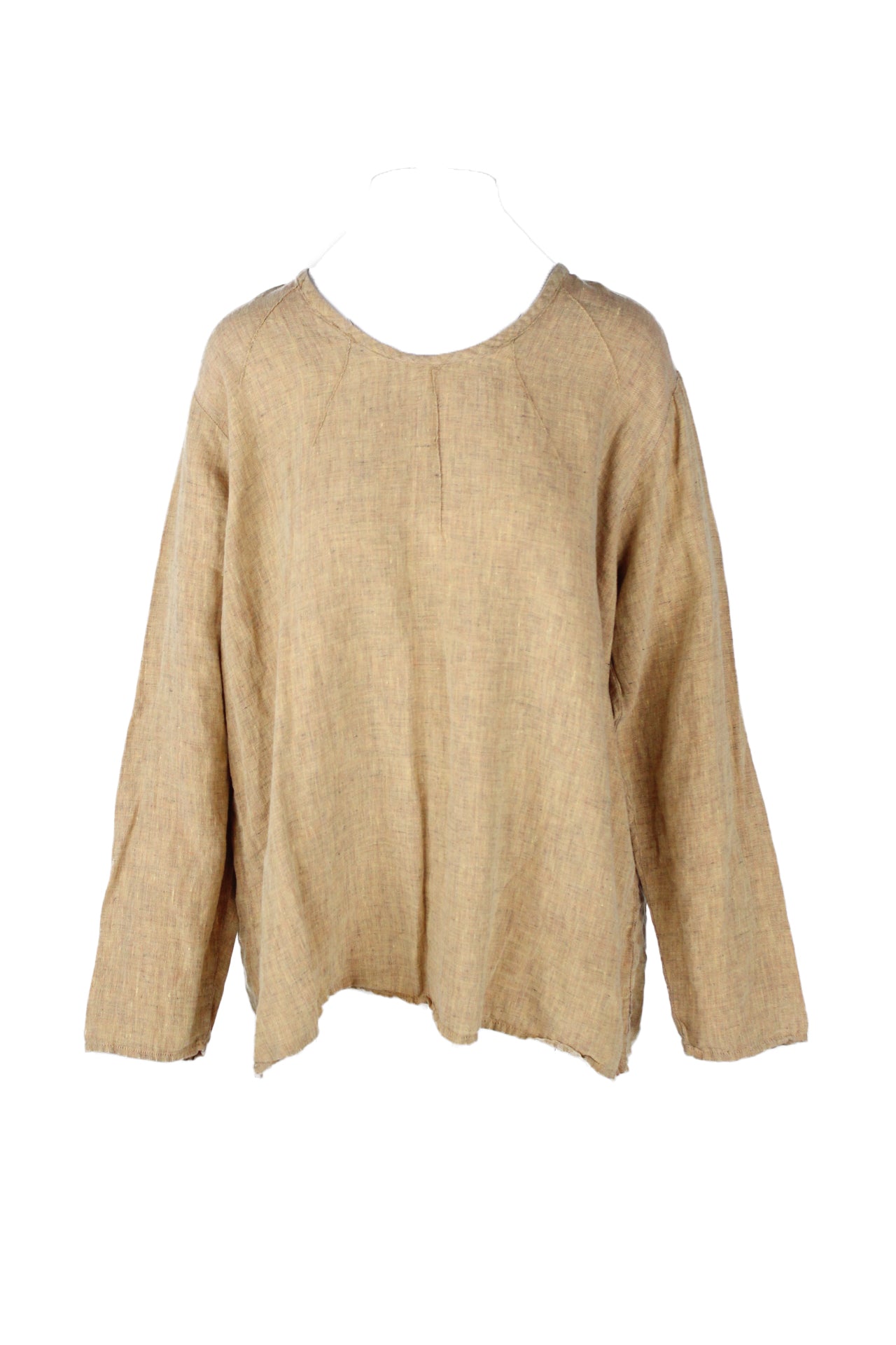 front angle of flax oatmeal toned long sleeve pull over blouse. features rounded collar, darts near neckline, and straight split hem.