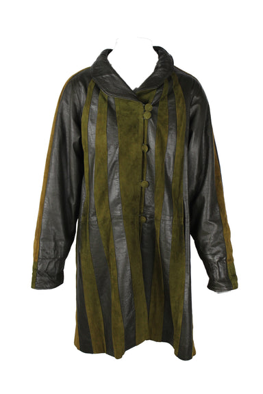 description: vintage zeda by roberto bertolucci green tone striped long sleeve leather coat. features button closure at front, loose fit, slit pockets at sides, and removable fabric lining.