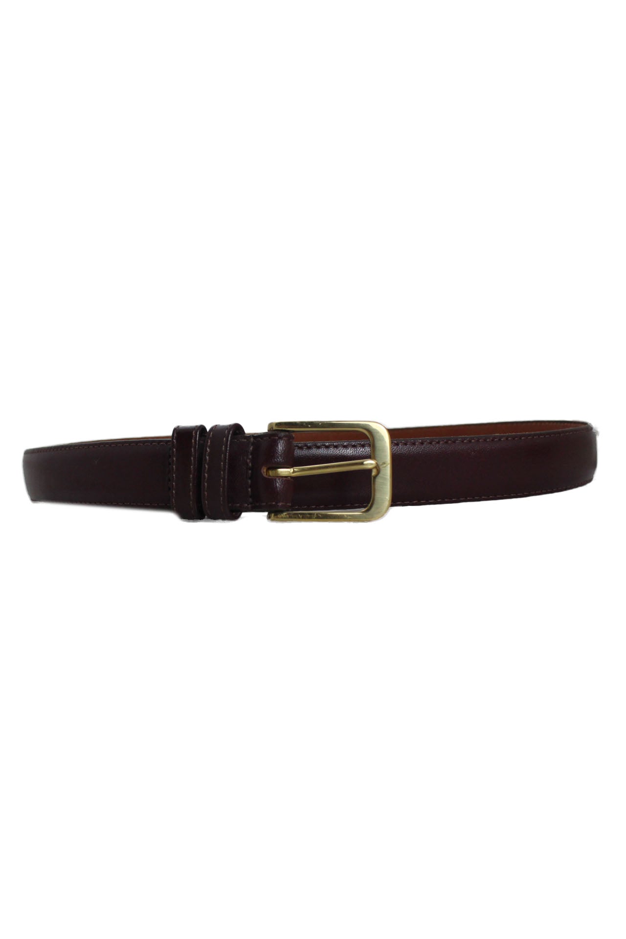 front angle of coach dark brown leather belt. adjustable fit with brass buckle.