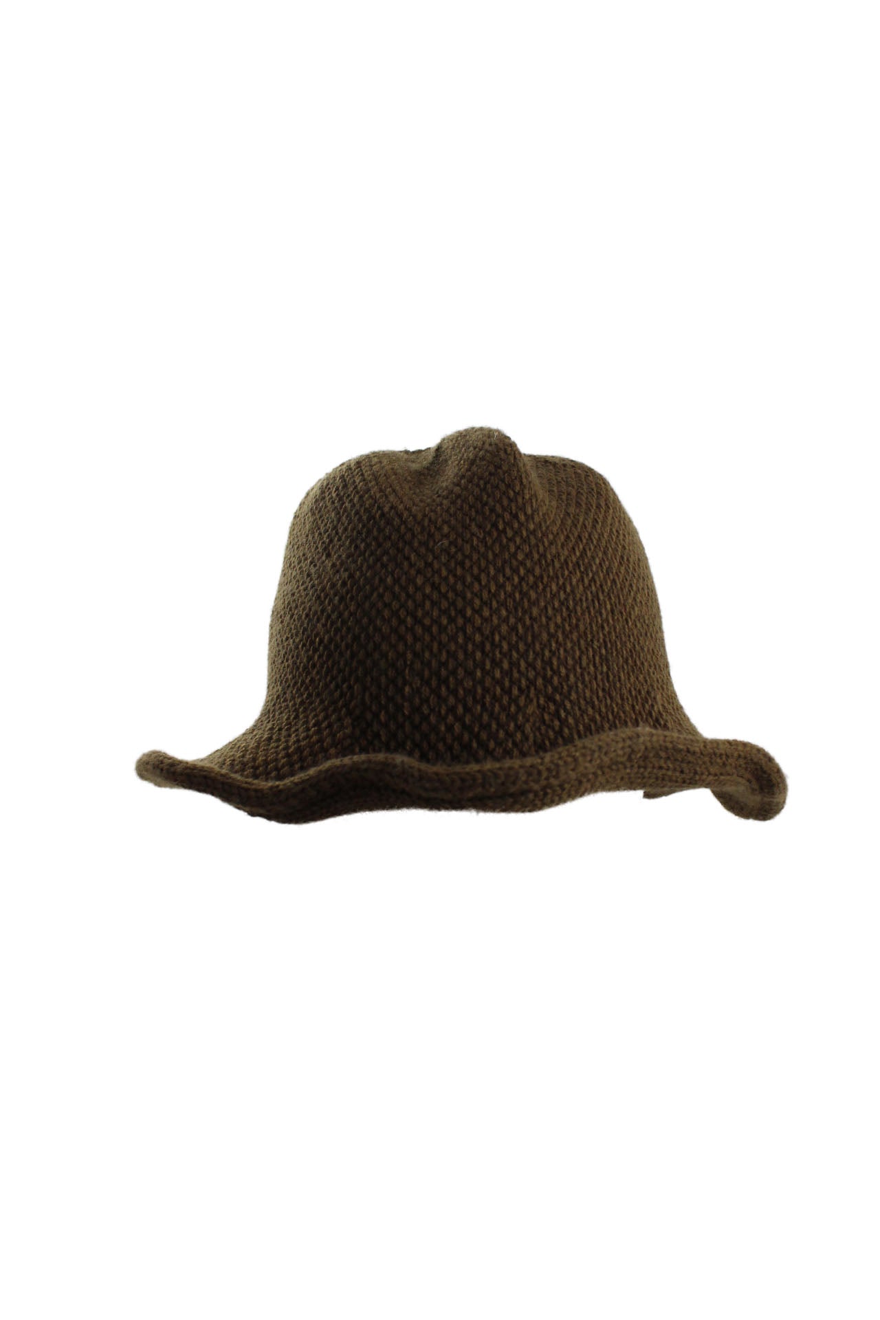 front angle of sb brown knit bucket hat. features wavy brim with inner wire for adjustment.