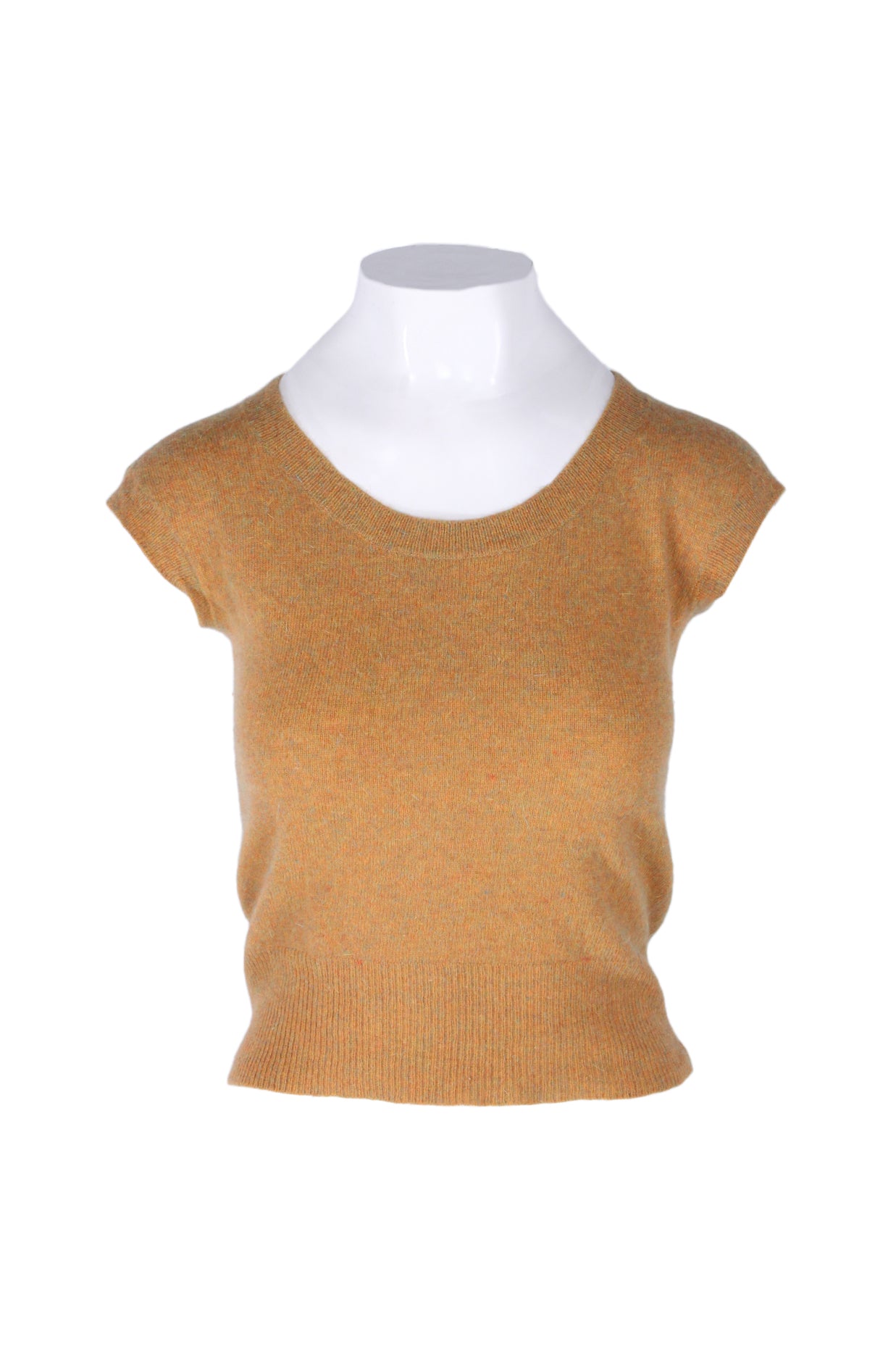 james coviello marigold yellow wool blend short sleeve top. features rounded neckline, ribbed neck/cuffs/hem, and pull on style; slim fit.