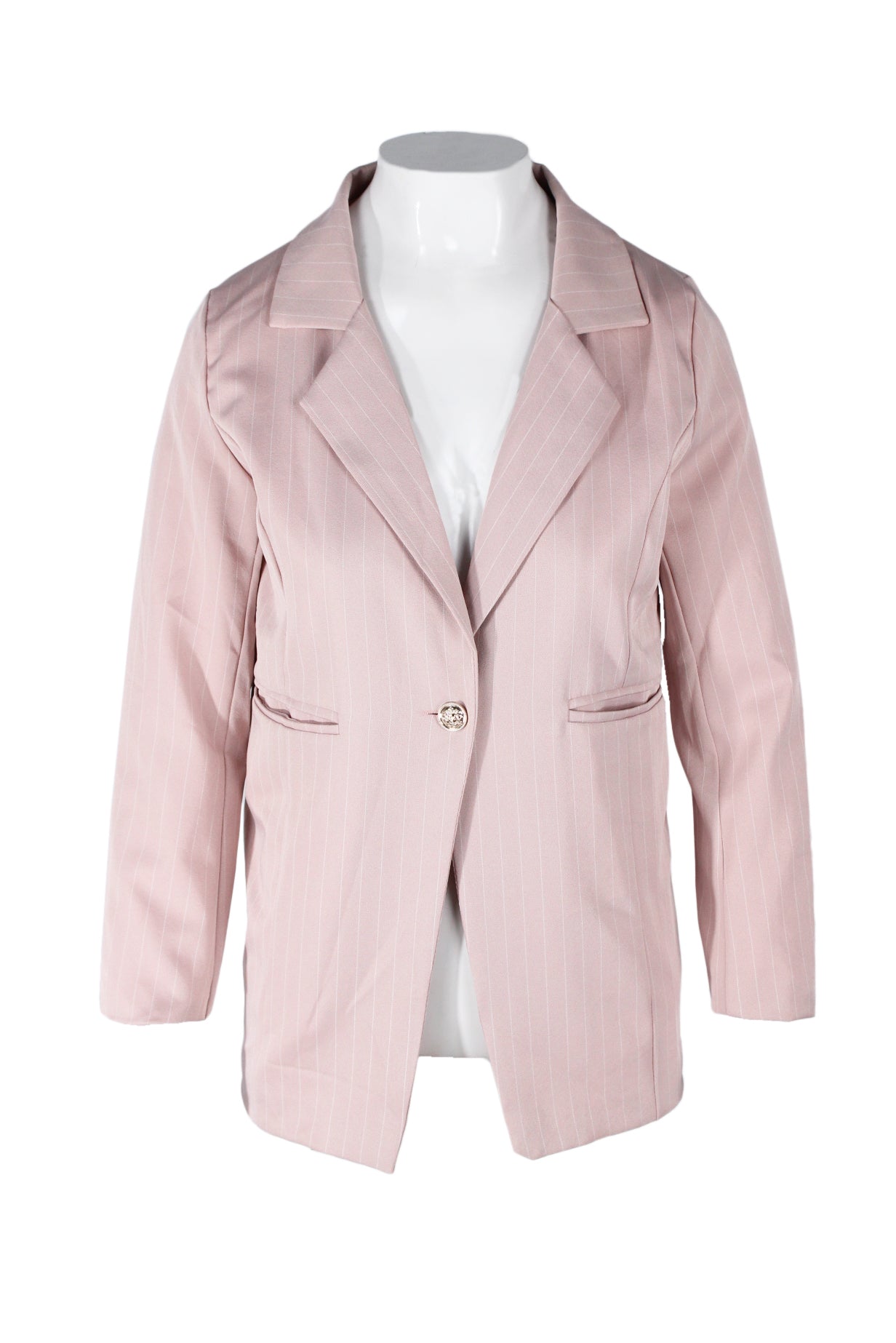 front angle w•z dusty pink and white pinstripe blazer on feminine mannequin bust with notched lapel, jetted front pockets, gold toned single-button closure.