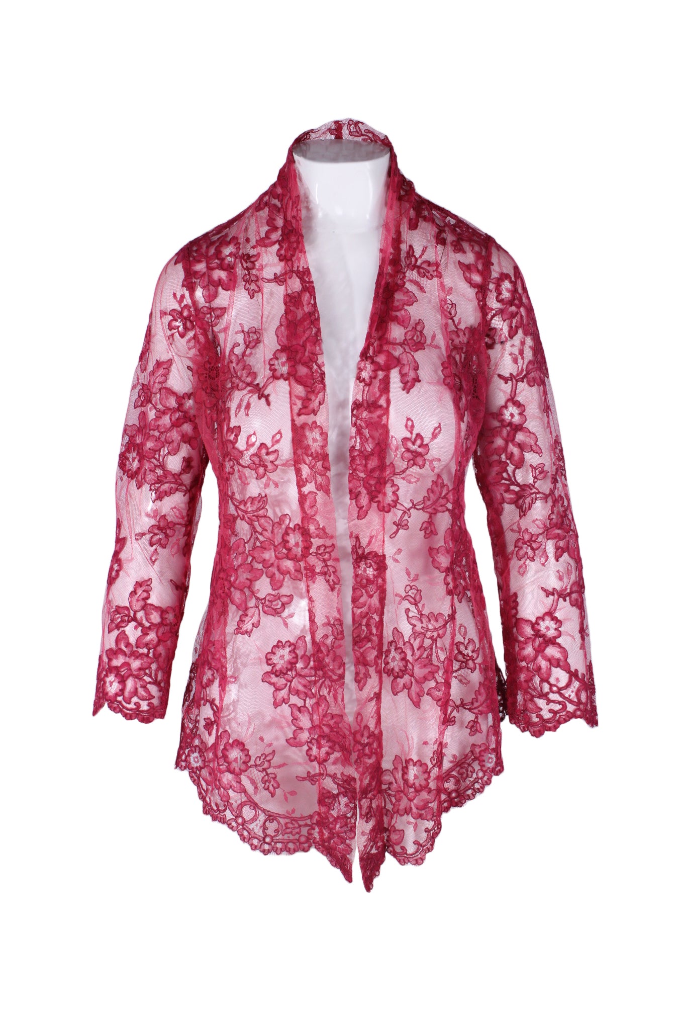 unlabeled vintage raspberry lace open front shirt. sheer lace shirting. high-low hemline. no closure, open front style.