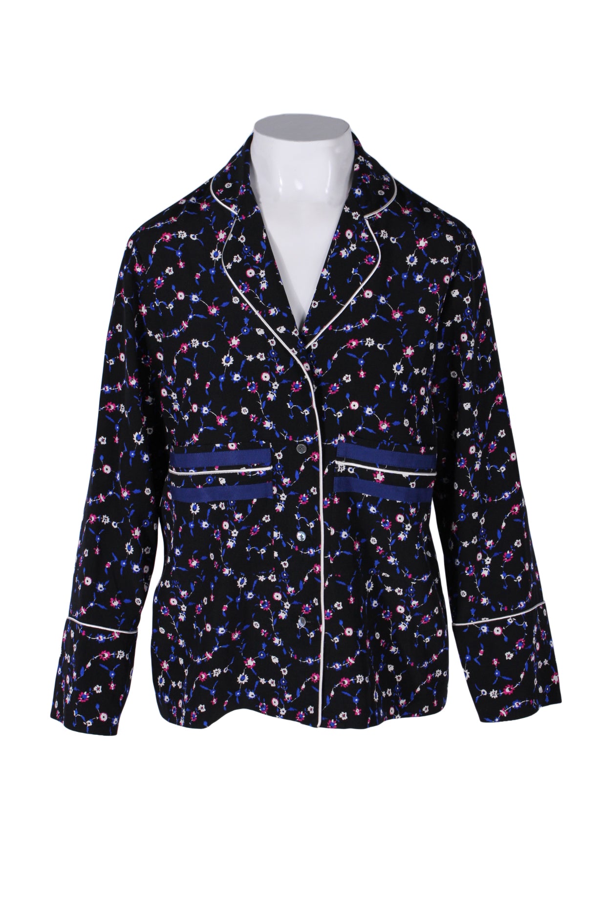 long sleeve black and blue floral pajama style button down shirt