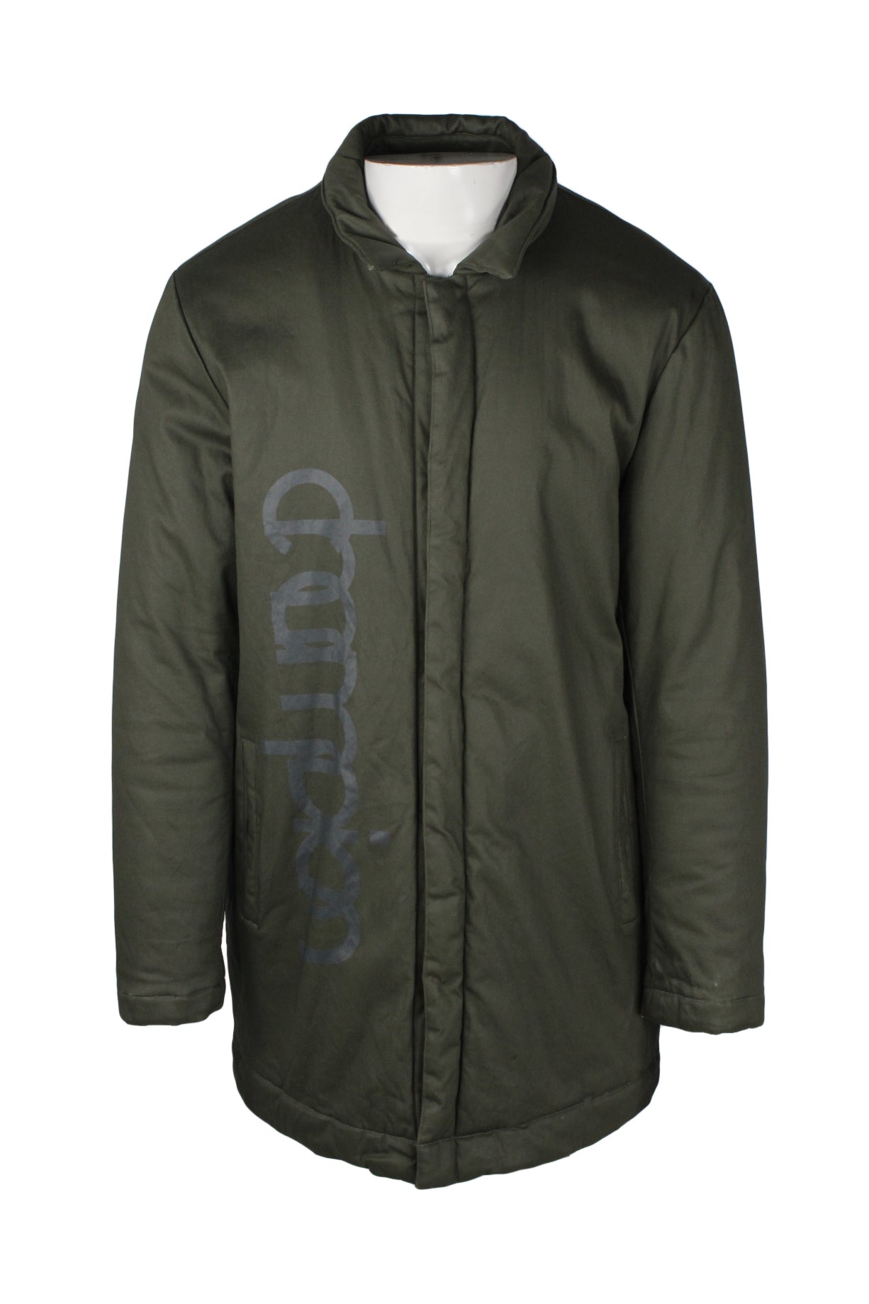 front angle of champion for kith polyester coat. features covered snap closure up center, long sleeves, snap closure hip pockets, thigh length hem, and branding sideways down right side with text 'champion'.