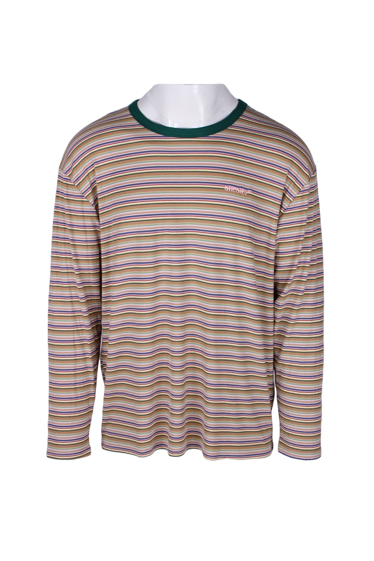 front angle of checks beige/multi striped long sleeve ribbed sweater on masc mannequin. features ‘checks’ logo embroidered at left breast with contrast green ribbed collar.