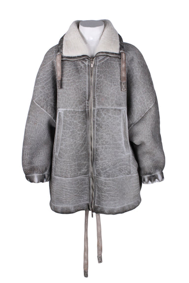 description: 10sei0otto grey shearling long sleeve oversize leather jacket. features dirty grey effect throughout, white shearling lining, two slits at side, dolman silhouette sleeves, elastic cuffs, drawstring at stand collar and bottom hem.