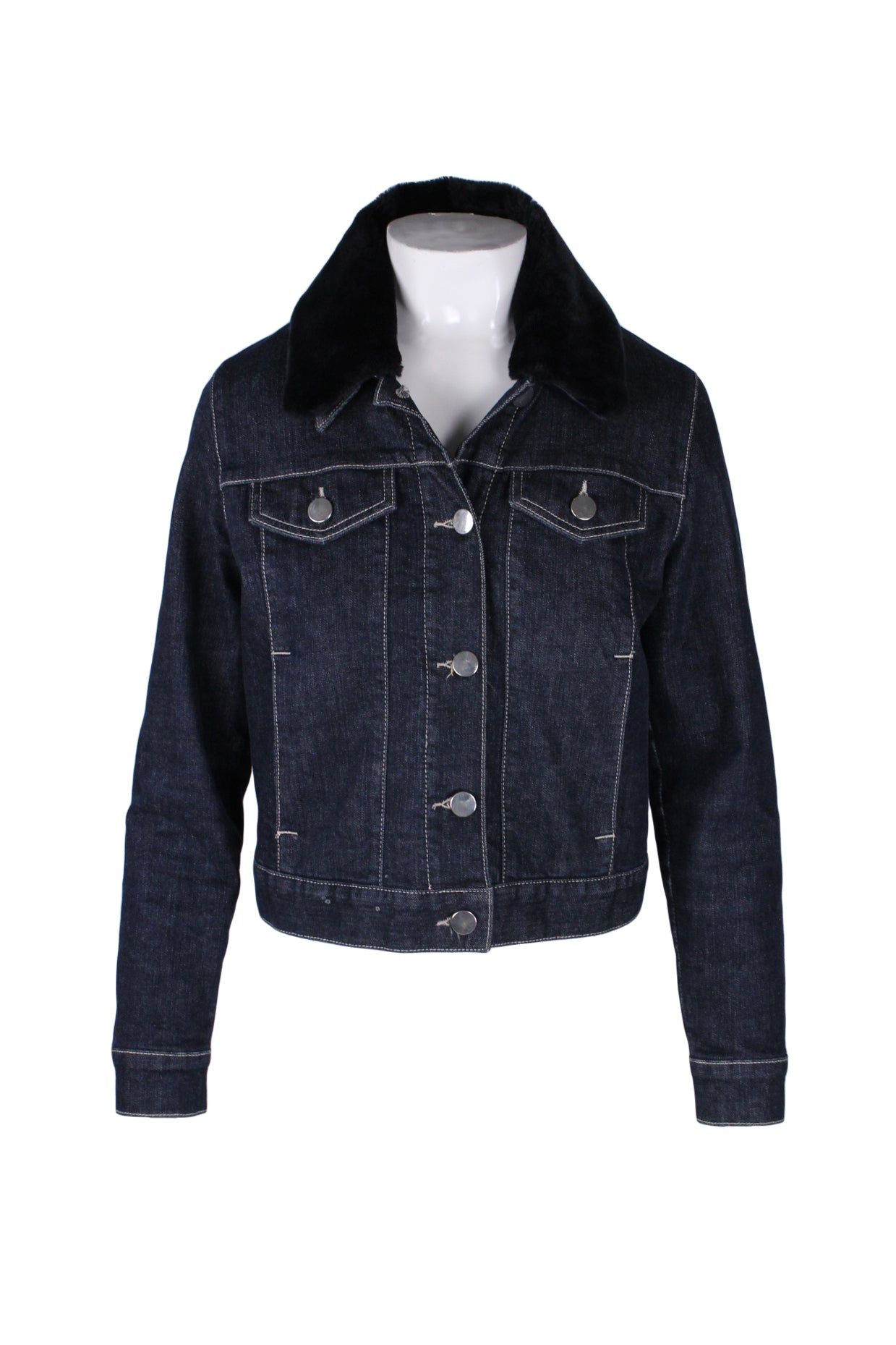 front of claudie pierlot blue denim cotton jacket. features faux fur at neck, spread lapels, contrast stitching, flap pockets at bust, side seam pockets, and button closure.