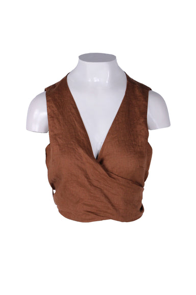 front angle of faithfull the brand brown sleeveless linen blouse in fem mannequin torso. features attached tie belt at waist, v-neckline, and elastic gathered waist at back.
