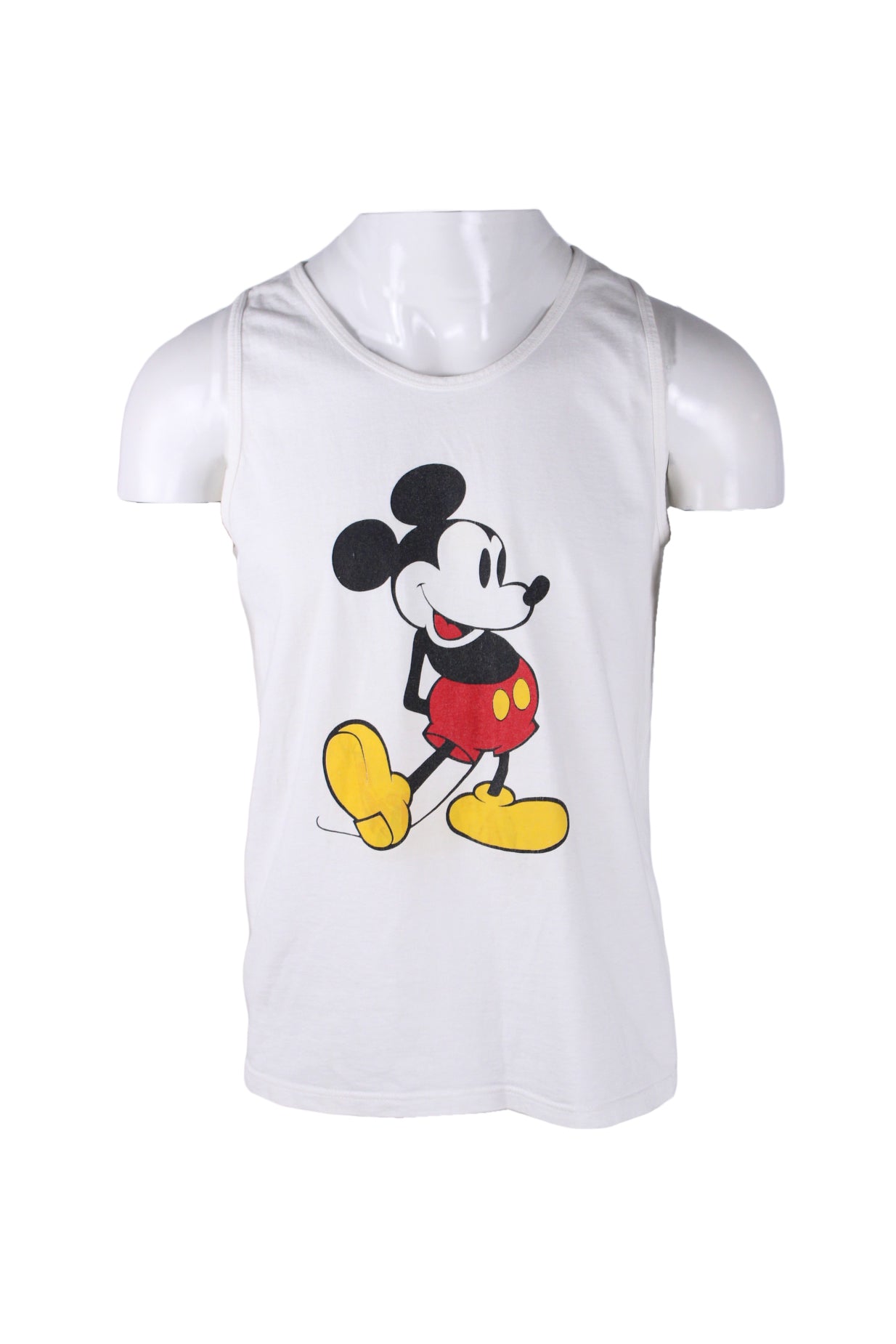 front angle of vintage white mickey mouse tank top on masc mannequin torso. features colorful smiling mickey print on front only.