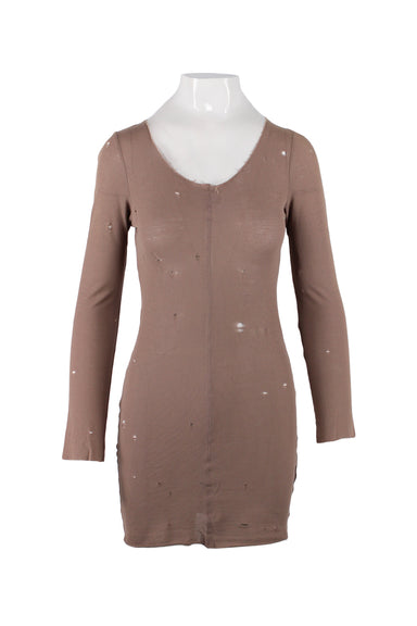 description: raquel allegra light brown distressed long sleeve dress. features v neckline, fitted style, and raw hem throughout.