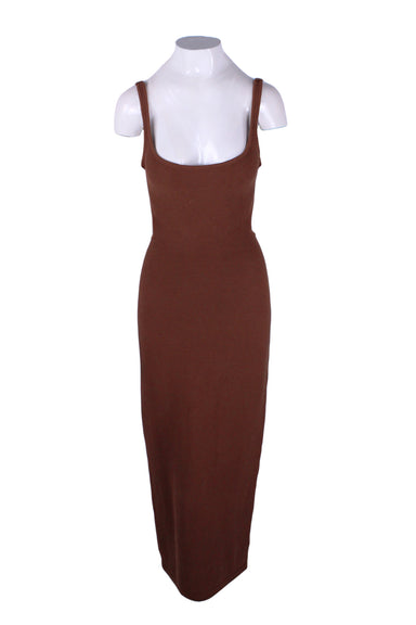 description: sabo brown knit midi dress. features backless silhouette, scoop neckline, and tie detail at waist.