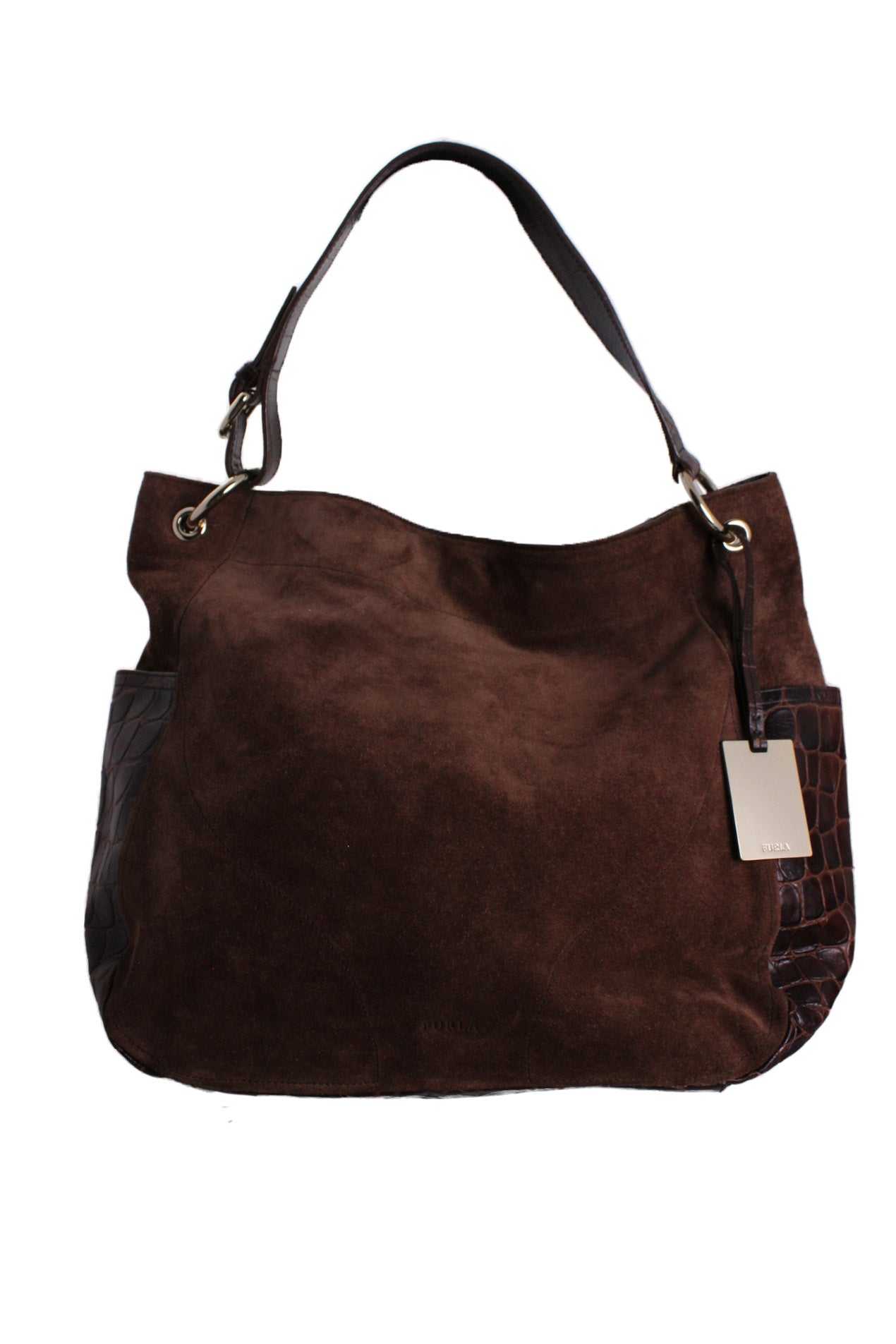 description: furla brown suede shoulder bag. features two outsize pockets, top zipper closure, jacquard logo lining, and gold-tone metal key chain. comes with dust bag.