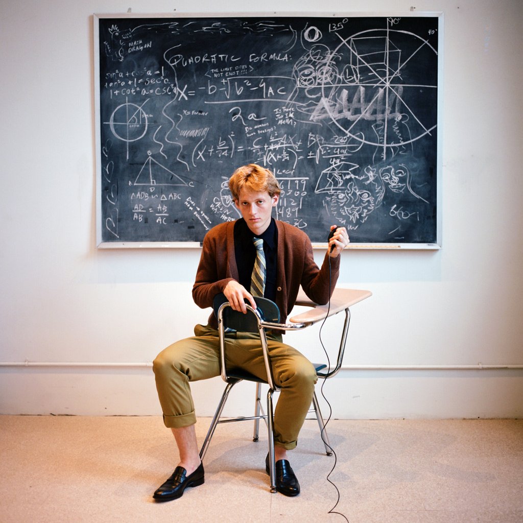 model in desk in front of chalkboard. 