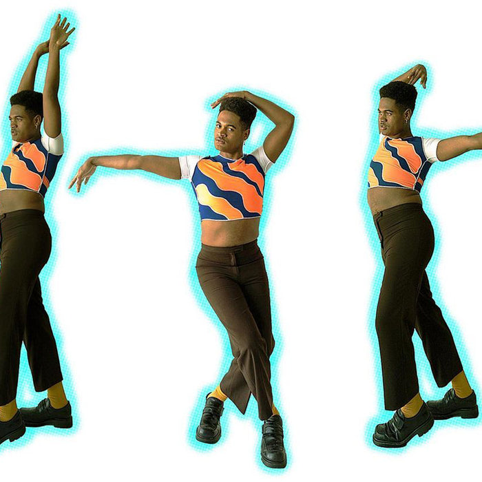 triptych of model dancing in designer's top features post production editing with highlights around model. 