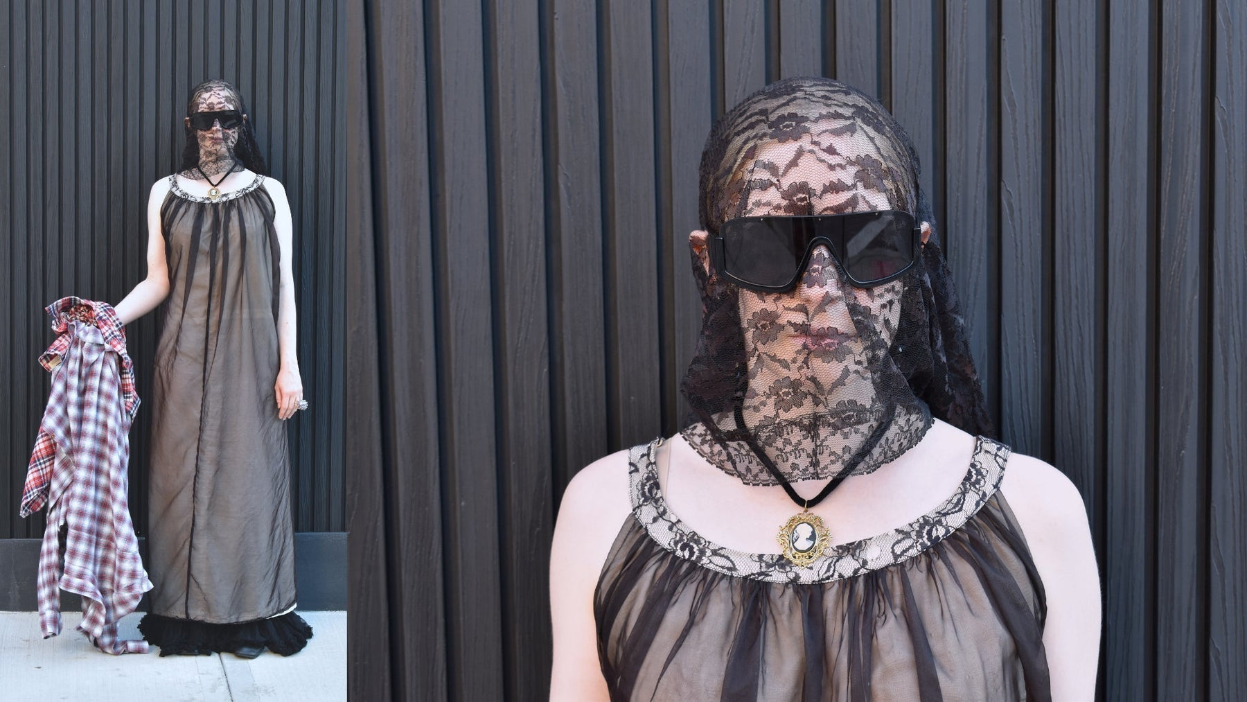 editorial collage image of model standing infront of wall with sunglasses and viel 