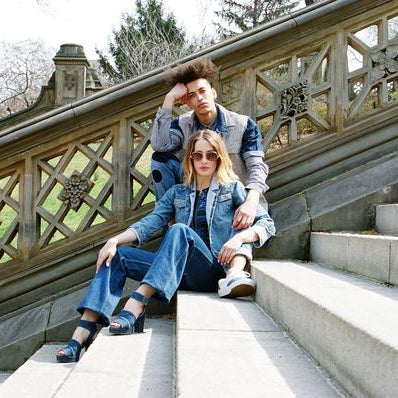 two models in all denim on steps at central park.