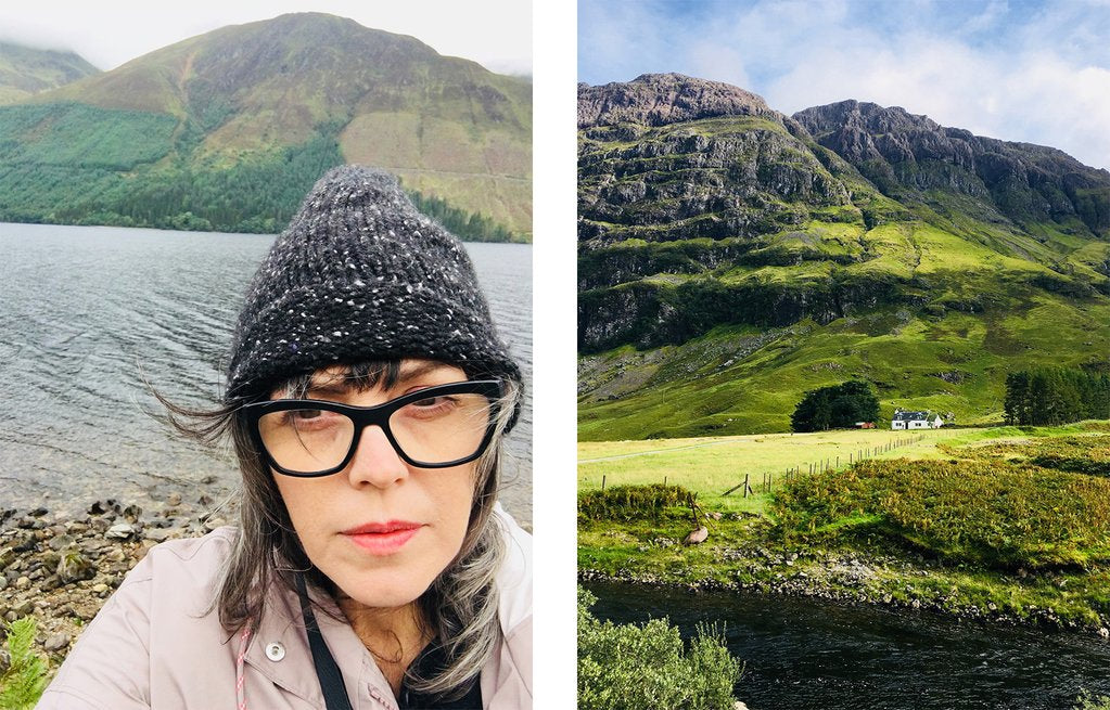 left to right: a person with beanie and mountain in the background, and little house on the peat bog.