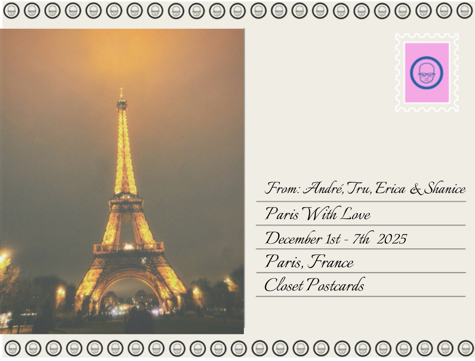 a post card with writing listing the names and what the trip is about with a picture of a lit up eiffel tower in a dark cloudy evening