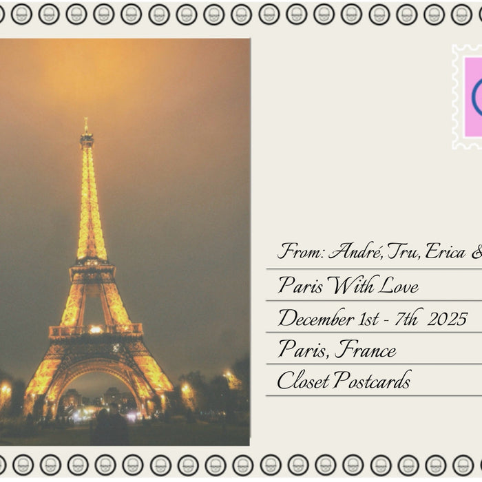 a post card with writing listing the names and what the trip is about with a picture of a lit up eiffel tower in a dark cloudy evening